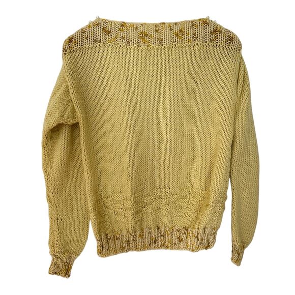Handmade Knit Pale Yellow and Brown Square Neck Acrylic Sweater Pearls Size M - Picture 2 of 6